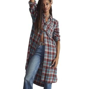 PILCRO Anthropologie Womens SMALL Plaid Long Line Button Front Shirt Dress Slits